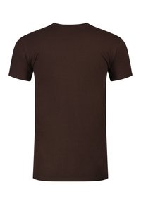 Plain dark brown short-sleeve crew neck t-shirt shown from the back on a white background.