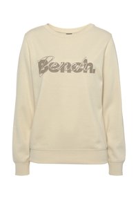 Crème-kleurige sweatshirt gemaakt van zachte stof, met een grote print van "Bench" in verschillende tinten bruin en grijs. Geribde manchetten en zoom.