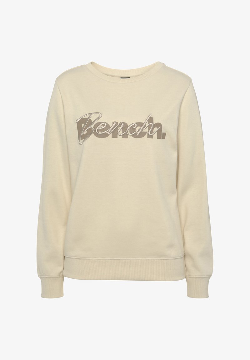 Crème-kleurige sweatshirt gemaakt van zachte stof, met een grote print van "Bench" in verschillende tinten bruin en grijs. Geribde manchetten en zoom.