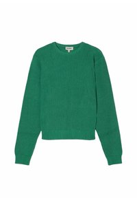 Zielony sweter z okrągłym dekoltem, dziany, z długimi rękawami oraz ściągaczami na mankietach i dolnej krawędzi, leżący płasko na białym tle.