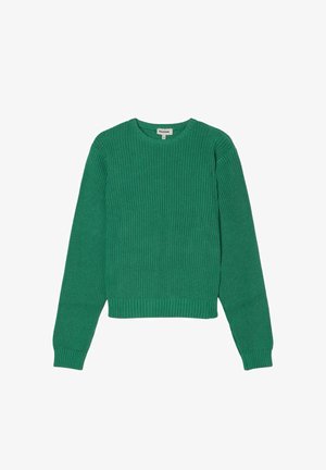 Green knitted crew neck sweater with long sleeves and ribbed cuffs and hem, laid flat on a white background.