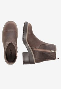 Hnědé kožené kotníkové boty se bočním zipem, robustním podpatkem a strukturovanou gumovou podrážkou, zobrazené z vrchu a ze strany.