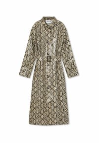 Plašč iz kačjega vzorca, izdelan iz sijajnega materiala. Ima dolge rokave, pas s pasom in gumbne zap closures na sprednji strani. Svetlo rjava in bež barva.