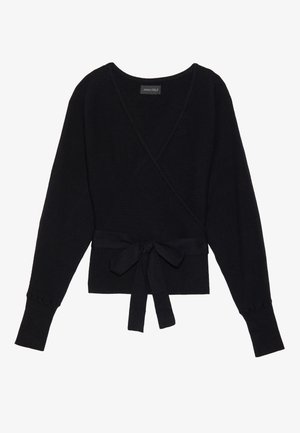 Black long-sleeve wrap sweater with ribbed texture and a fabric belt tied in a bow at the waist.