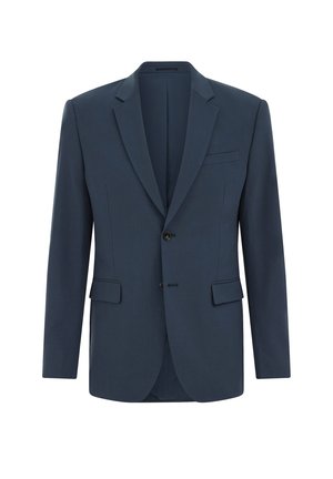 Marineblaues Sakko mit Reverskragen, zwei Fronttaschen, einer Brusttasche und einem einreihigen Knopfverschluss. Glatte Textur und maßgeschneiderte Passform.
