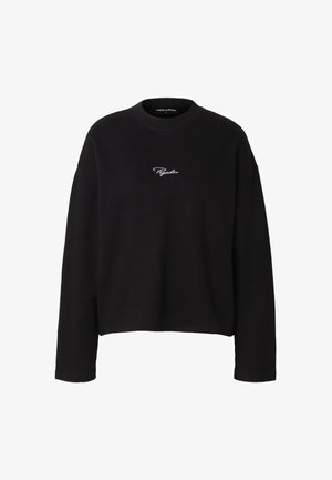 Czarna prążkowana bluza z długim rękawem, okrągłym dekoltem i małym białym logo "Pegador" umieszczonym na środku klatki piersiowej.