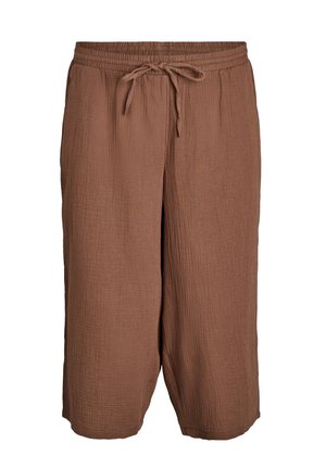 Brown cotton blended trousers with a textured finish, elastic waistband, and adjustable drawstring. Cropped length with wide leg design.
