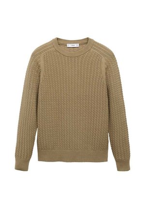 Strikket sweater i lys brun med et struktureret ribbet mønster, rund hals og lange ærmer med manchetter.