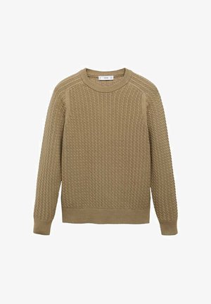 Sweter dziany w jasnobrązowym kolorze, z teksturowanym prążkowanym wzorem, okrągłym dekoltem i długimi rękawami z mankietami.