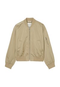 Veste bomber beige en tissu lisse, avec une fermeture éclair sur le devant, des poignets côtelés et une poche à fermeture éclair sur la manche. Design simple, sans motifs.