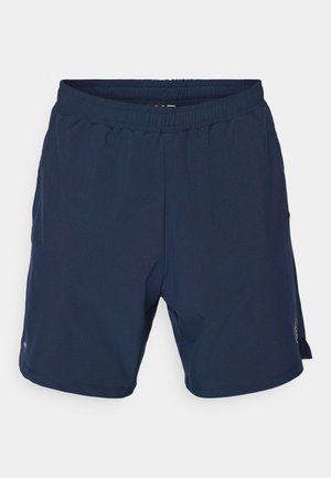 Navy blue athletic shorts made from lightweight fabric. Features an elastic waistband and a small logo on the lower left side.