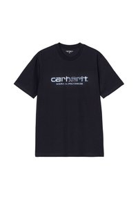 Maglietta in cotone nera a maniche corte, con grafica blu con la scritta "carhartt WORK IN PROGRESS" sul davanti. Collo tondo.