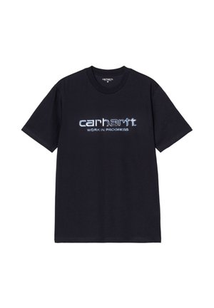Camiseta de algodón negra con mangas cortas, con el texto gráfico azul "carhartt WORK IN PROGRESS" en el frente. Cuello redondo.