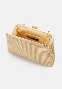 Zlatá kovová síťová kabelka s pevným pouzdrem, rámovým otvorem a saténovým interiérem. Obsahuje logo štítek uvnitř a zacvakávací uzávěr.