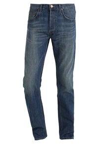Pantalones vaqueros de mezclilla azul oscuro con corte recto, cinco bolsillos y un acabado desgastado. Cuenta con un cierre de botón y detalles de costura minimalistas.