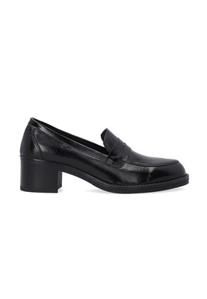 Schwarze Lederloafers mit abgerundetem Zehenbereich, dekorativen Obernähten, niedrigem Blockabsatz und glatter Textur. Verfügt über ein dezentes erhabenes Detail auf dem Blatt.