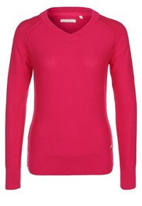 Pull rose vif à manches longues avec col en V, poignets et ourlet côtelés, présenté à plat sur un fond blanc.