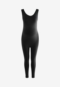 Combinaison noire ajustée sans manches avec encolure dégagée et jambes longues sur fond blanc uni.