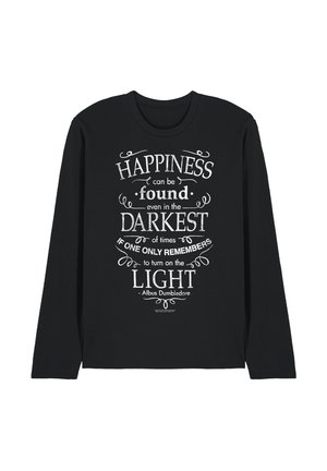 Black long-sleeve shirt with white text reading a quote from Albus Dumbledore about finding happiness by turning on the light in dark times.