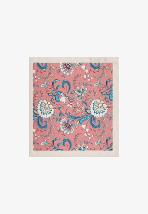 Kwadratowy jedwabny szalik z kwiecistym wzorem w odcieniach różu, bieli, niebieskiego i zielonego. Wykończony jasnobeżową bordiurą. Delikatna faktura.