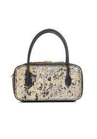 Black and gold rectangular handbag with a textured, shimmering surface. Features two handles and a gold-tone zipper closure.