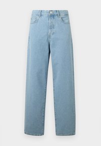 Lys blå vide jeans laget av denim, med frontlukking med knapp, tradisjonell femlommers design og avslappet passform.