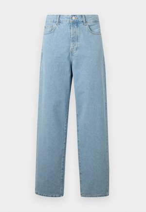 Jasnoniebieskie dżinsy o szerokich nogawkach, wykonane z denimu, z zamkiem na przedzie, tradycyjnym pięciokomorowym wzorem i luźnym krojem.