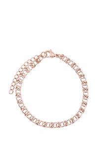 Bracciale a catena in rosé gold con anelli intrecciati e chiusura a granchio. Texture liscia con una lucentezza uniforme. Lunghezza regolabile.