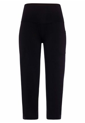 Black stretchy pants with a high waist, featuring a side pocket and a smooth texture. The design is simple and form-fitting.
