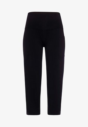 Schwarze dehnbare Pants mit hoher Taille, ausgestattet mit einer Seitentasche und einer glatten Textur. Das Design ist schlicht und figurbetont.