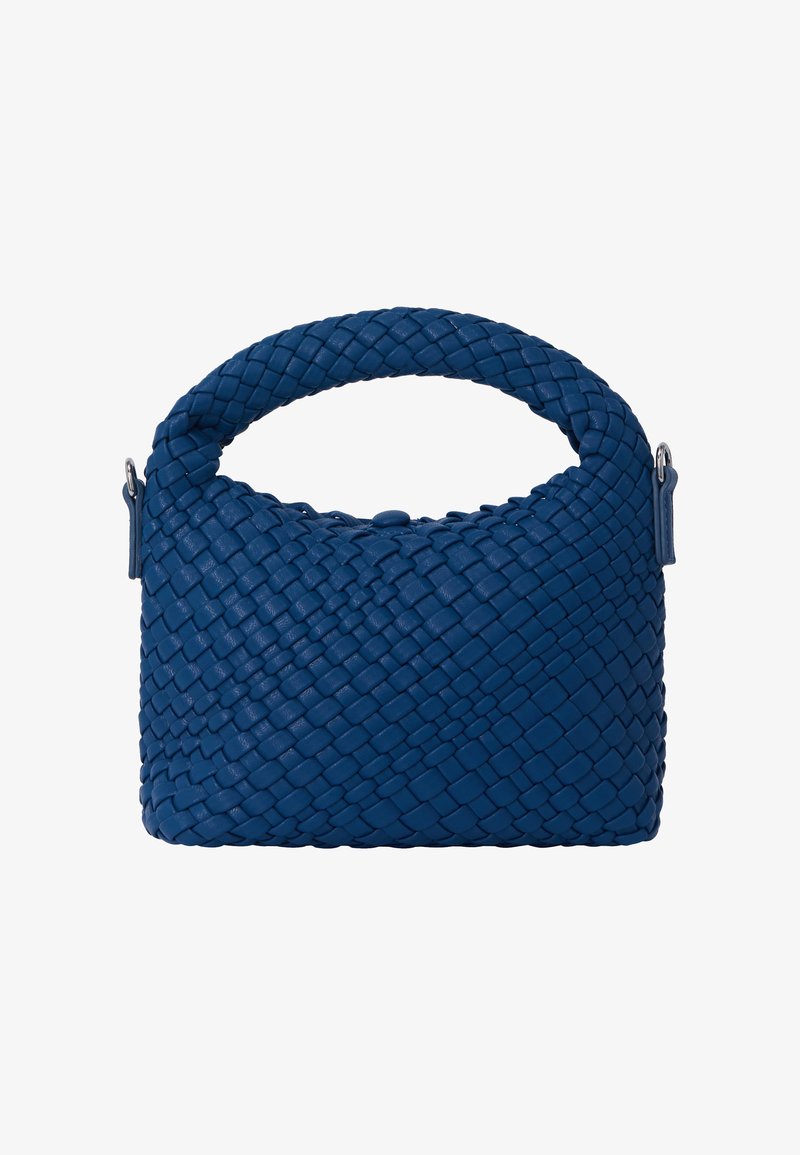 Niebieska pleciona skórzana torebka z zaokrąglonym uchwytem, z teksturowaną powierzchnią i bezpiecznym zapięciem na górze. Kompaktowy i zorganizowany design.