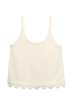 Crèmekleurig gebreid tanktopje met dunne bandjes en een golvende kantafwerking langs de onderkant.
