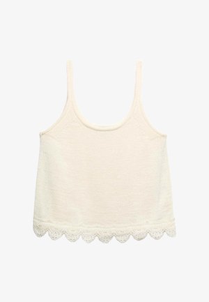 Kremowy dzianinowy top na ramiączkach z cienkimi paskami i koronkową falbanką wzdłuż dolnej krawędzi.