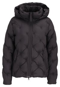 Czarna kurtka puchowa z pikowanym wzorem, pełnym zapięciem na zamek błyskawiczny, wysokim kołnierzem z kapturem, bocznymi kieszeniami oraz elastycznymi mankietami. Gładki, izolowany materiał.