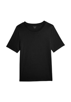 Černé tričko s krátkým rukávem a kulatým výstřihem vyrobené z jemné tkaniny. Má jednoduchý design bez viditelných log a vzorů.