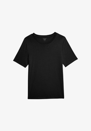 Czarny krótki t-shirt z okrągłym dekoltem wykonany z miękkiej tkaniny. Posiada prosty design bez widocznych logotypów czy wzorów.