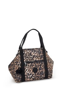 Tote bag med leopardprint og sorte håndtag, foran lynlås lomme, og en sort blød nøglering vedhæftet venstre håndtag.