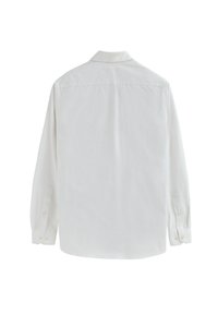 Witte langemouwige shirt van lichte stof met een standaardkraag, knoopmanchetten en een rechte snit, met een gladde textuur en een minimaal ontwerp.