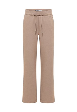 Pantalons droit beiges avec taille élastique à cordon de serrage et passants de ceinture, conçus pour un usage décontracté ou en mode détente.