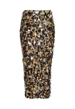 Sijonas su pieštuku, padengtas rudos, juodos ir sidabrinės spalvų blizgučiais; prigludusi silueto forma, lygi tekstūra ir kelio ilgio dizainas.