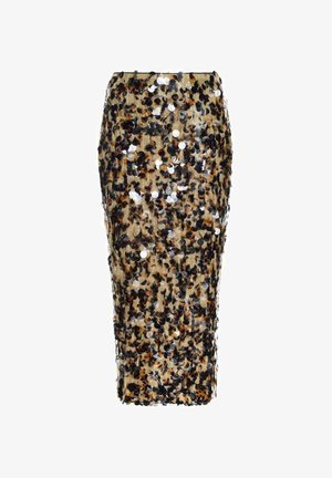 Vonalas ceruzaszoknya, barna, fekete és ezüst flitterekkel borítva; testhez simuló sziluett, sima textúrával és térdig érő kialakítással.