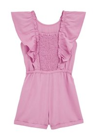 Rózsaszín overál fodros ujjal, húzott mellrész részlettel és gumi derékkal. Az anyag puha és sima textúrájú.