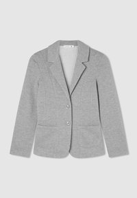 Blazer grigio in tessuto felpato, con colletto a punte, due bottoni e due tasche frontali con dettagli di cucitura verticale.