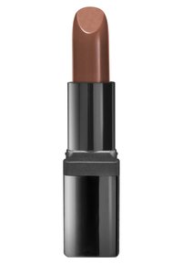 Läppstift i en svart cylindrisk tub, med en jämn, brun formula. Kulspetsen har en rundad topp med en lätt kurva.