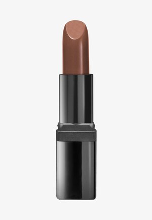 Rossetto in un tubo cilindrico nero, con una formula marrone liscia. Il bullet ha una parte superiore arrotondata con una leggera curvatura.