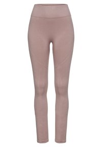 Leggings in a light mauve color, featuring a high waistband, textured panels, and a form-fitting design that enhances movement.