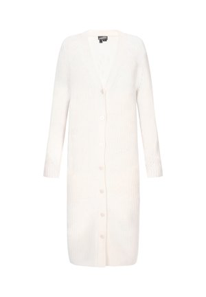 Long, white knitted cardigan with a V-neck, long sleeves, and five front buttons. Features a textured pattern throughout.