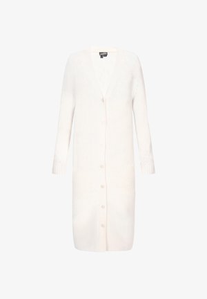 Garšs, balts adīts kardigans ar V-veida kaklu, garām piedurknēm un pieciem priekšējiem pogām. Tam ir teksturēta raksta visā virsmā.