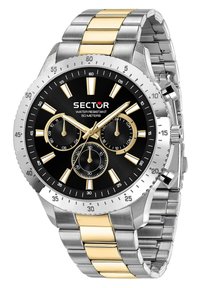 Orologio in acciaio inossidabile con finitura argento e oro, quadrante nero, tre sottodial e indici delle ore luminescenti. Resistente all'acqua fino a 50 metri.