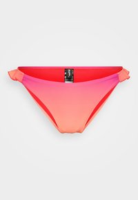 Bas de bikini en dégradé de teintes roses et rouges, fabriqué en tissu lisse, avec des nœuds sur les côtés et des coutures fines pour un ajustement serré.